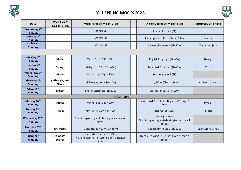 Y11 Spring Mocks Timetable  Feb 2023